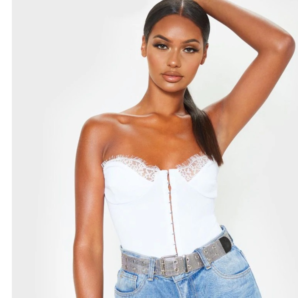 White Hook And Eye Lace Trim Bodysuit